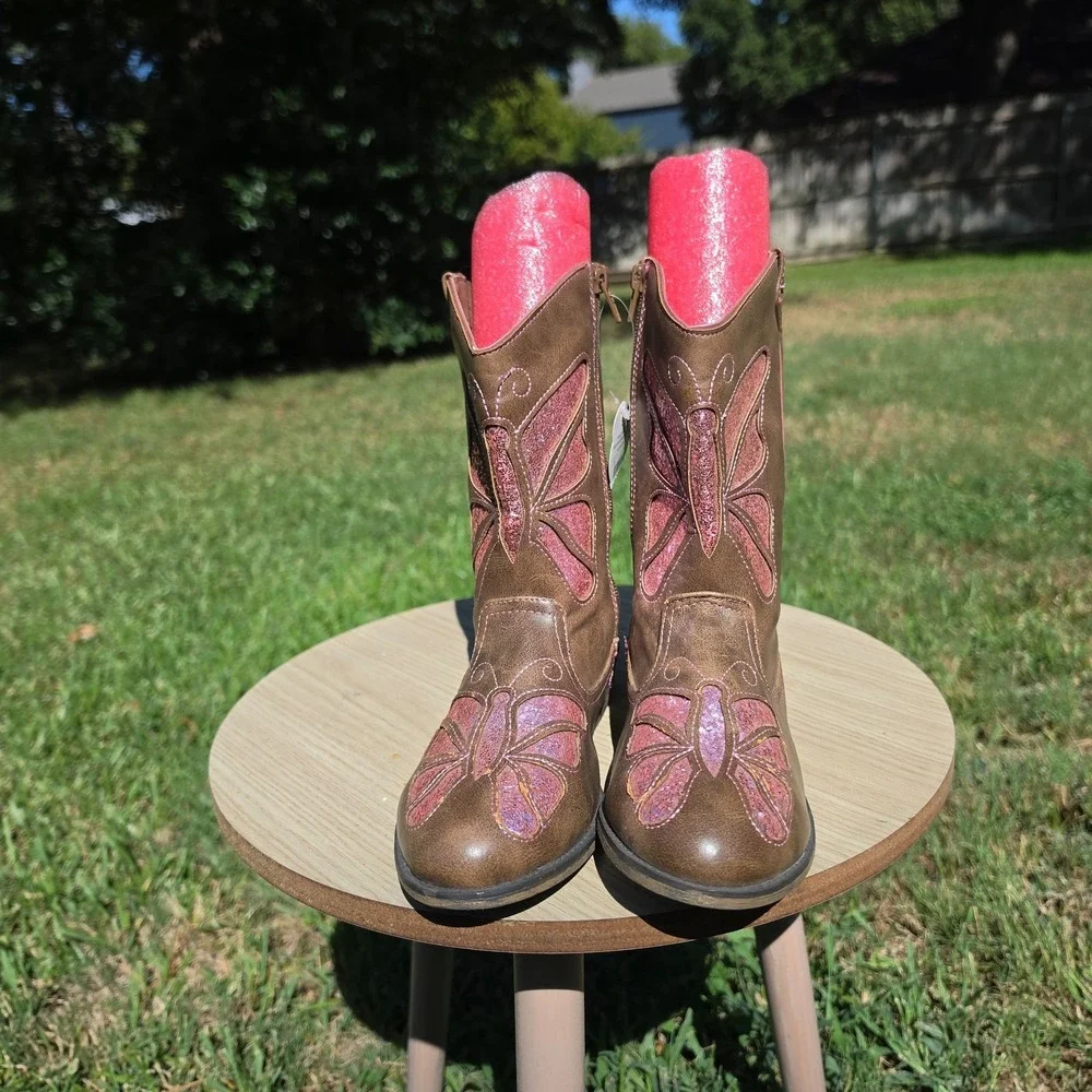 Wonder Nation Girls Butterfly Western Cowgirl Boots Brown Pink Glitter